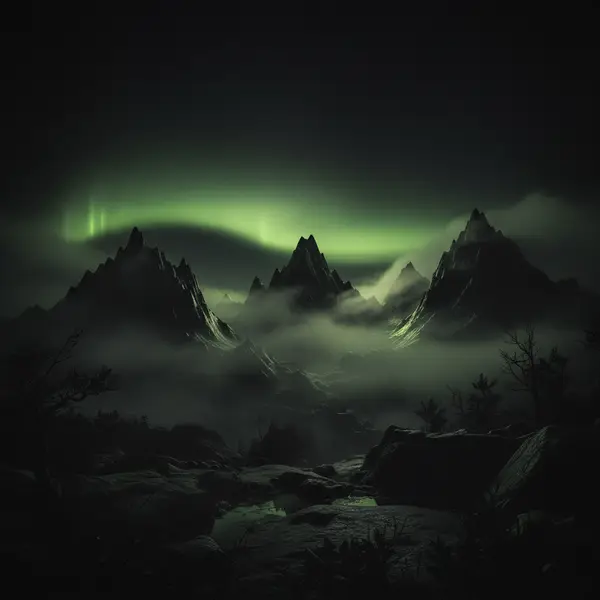 Generated night mountain landscape with green aurora